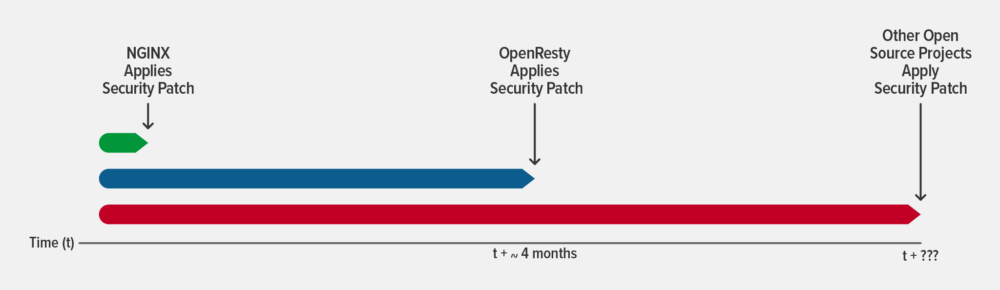 Diagram showing how it can take months for third-party NGINX distributions to apply security patches