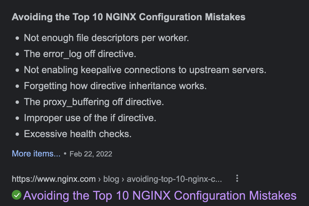 Screenshot of Google search results for 'Top 10 NGINX Configuration Mistakes'