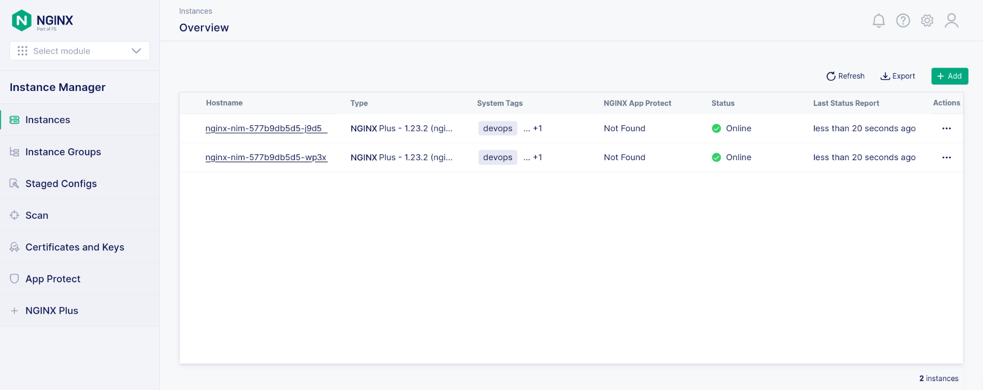 Screenshot of Instances Overview window in NGINX Management Suite Instance Manager version 2.7.0
