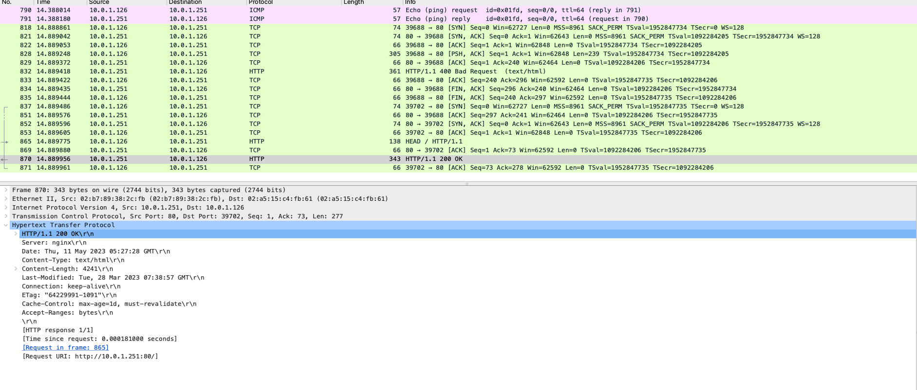 Wireshark capture of when ICMP is enabled