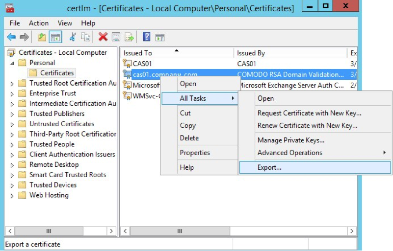 Certificates snap-in to Microsoft Management Console, used to export SSL/TLS certificate