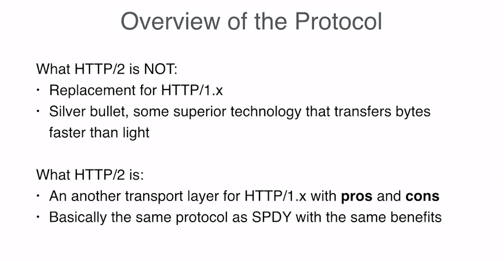 HTTP/2 is not a replacement for HTTP/1.x or a silver bullet; it is another transport layer for HTTP/1 with pros and cons, and is basically the same as SPDY