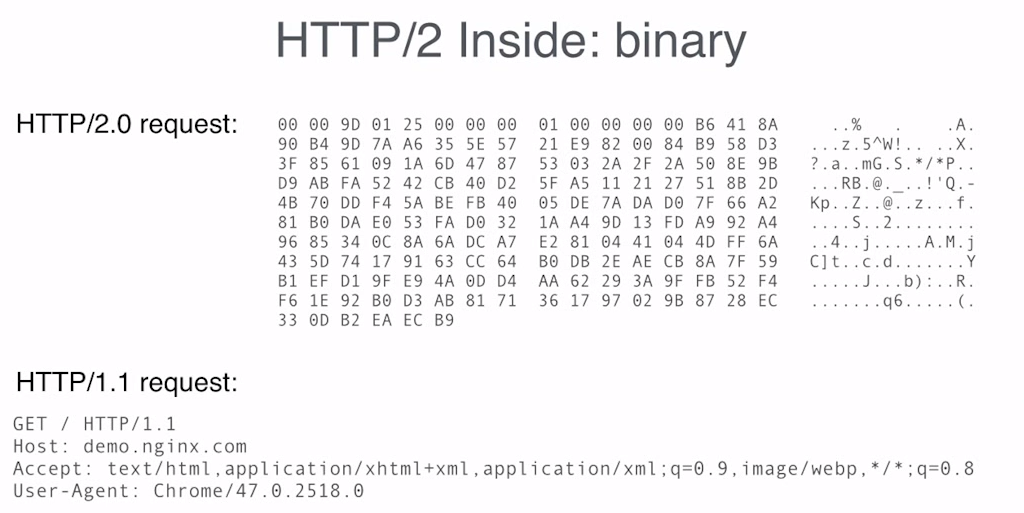 Slide illustrating how payload in HTTP/2 request is in binary, whereas HTTP/1.1 request is human-readable text