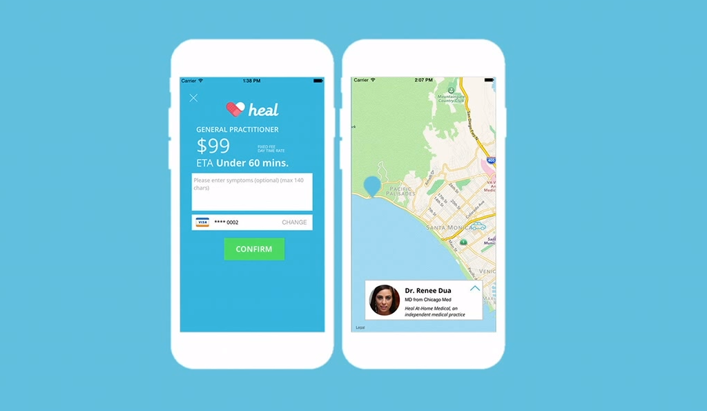 The 'heal' mobile app lists doctors available for unscheduled appointments