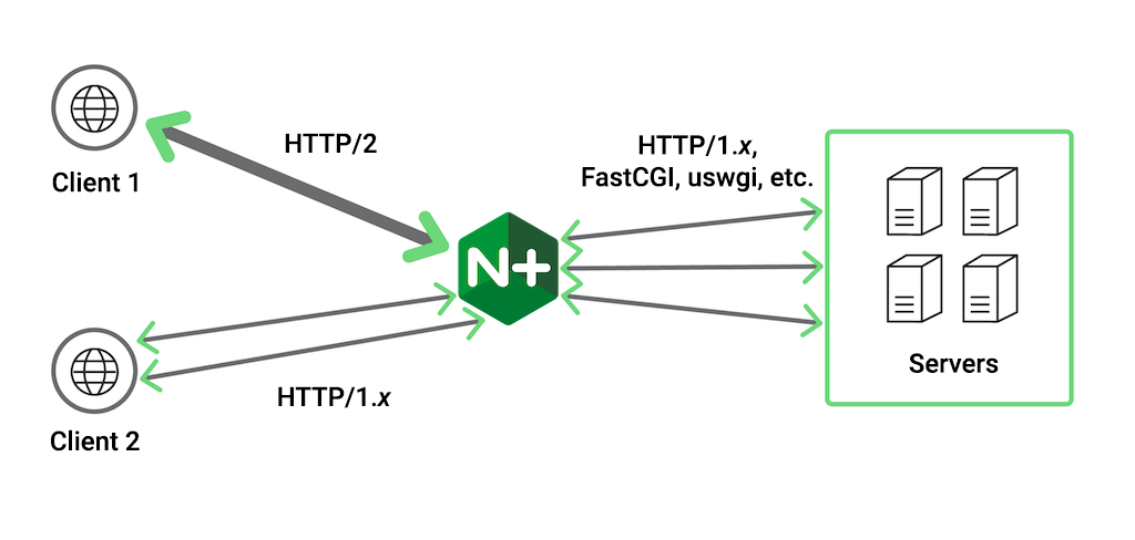 NGINX acts a 'gateway' between clients that use HTTP/2 and upstream servers, with which it uses HTTP/1.x, FastCGI, or other unsecured protocols