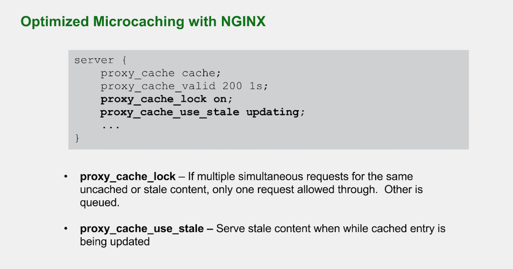 To optimize the performance of microcaching for Drupal 8 with NGINX, use the 'proxy_cache_lock' and 'proxy_cache_use_stale' directives