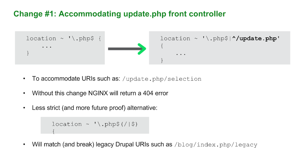 When upgrading to Drupal 8 for nginx, change the 'location' directive to accommodate URIs that start with /update.php