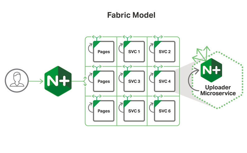 In the Fabric Model of the Microservices Reference Architecture from NGINX, NGINX Plus is deployed within each container and becomes the forward and reverse proxy for all HTTP traffic going in and out of the containers