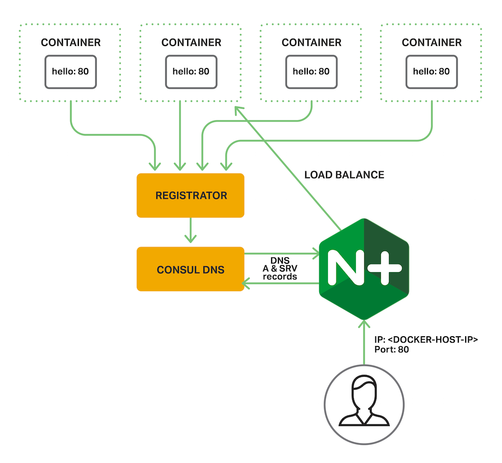 Diagram depicts the setup for the consul-dns-srv-demo from NGINX, Inc. NGINX Plus load balances multiple instances of a containerized backend application, obtaining service discovery information that can be used in a microservices architecture from Consul in the form of DNS 'A' and 'SRV' records.
