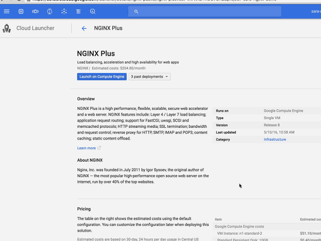 Screenshot showing deployment of NGINX Plus VM for the demo [webinar 'Deploying NGINX Plus & Kubernetes on Google Cloud Platform' includes information on how switching from a monolithic to microservices architecture can help with application delivery and continuous integration]
