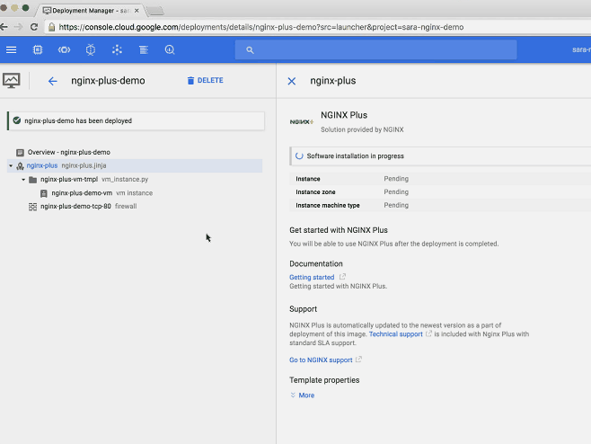 GIF showing access to Google Compute Engine 'VM instances' page for the nginx-plus-demo VM [webinar 'Deploying NGINX Plus & Kubernetes on Google Cloud Platform' includes information on how switching from a monolithic to microservices architecture can help with application delivery and continuous integration]