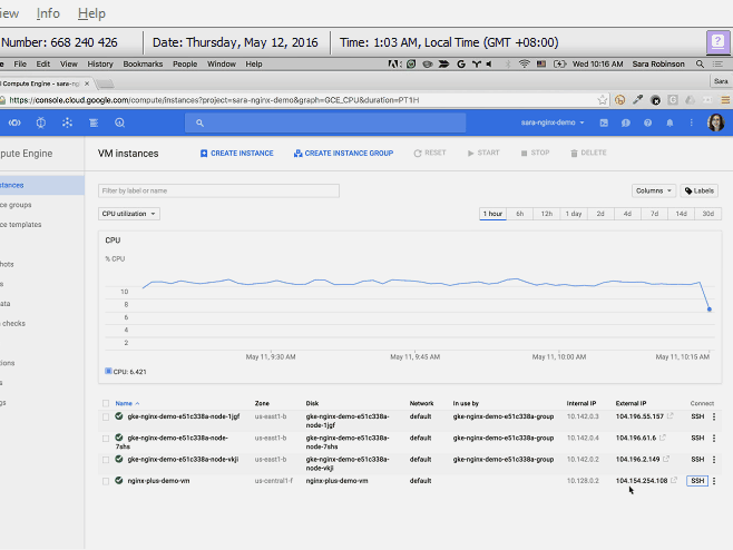 GIF showing confirmation that the nginx-plus-demo VM is running [webinar 'Deploying NGINX Plus & Kubernetes on Google Cloud Platform' includes information on how switching from a monolithic to microservices architecture can help with application delivery and continuous integration]