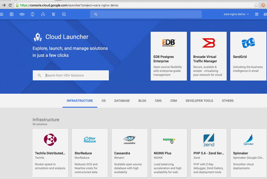 Screenshot of Cloud Launcher landing page, showing multiple 'Infrastructure' projects available [webinar 'Deploying NGINX Plus & Kubernetes on Google Cloud Platform' includes information on how switching from a monolithic to microservices architecture can help with application delivery and continuous integration]