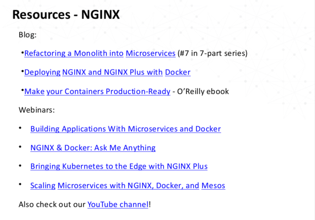 blog and webinar resources including refactoring a monolith into a microservice architecture using NGINX as a load balancer