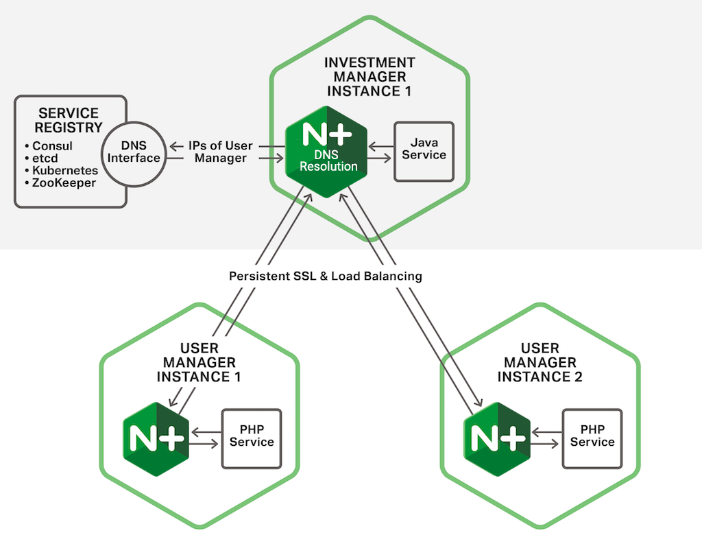In the Fabric Model of the NGINX Microservices Reference Architecture, an NGINX Plus instance load balances requests from its colocated microservice across the microservice instances in other containers that provide the requested service