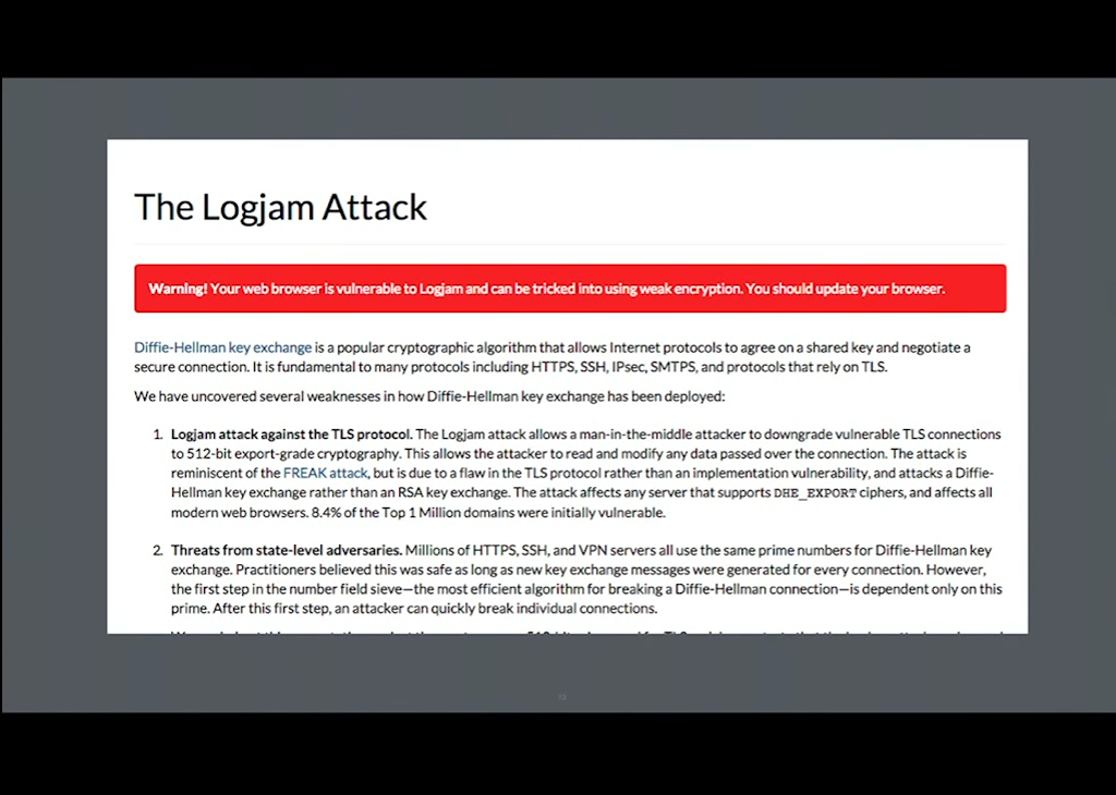 The Logjam Attack is an example of you why have to keep up with TLS configuration best practices, or else you may not have a secure NGINX HTTPS website [presentation given by Yan Zhu and Peter Eckersley from the Electronic Frontier Foundation (EFF) at nginx.conf 2015]