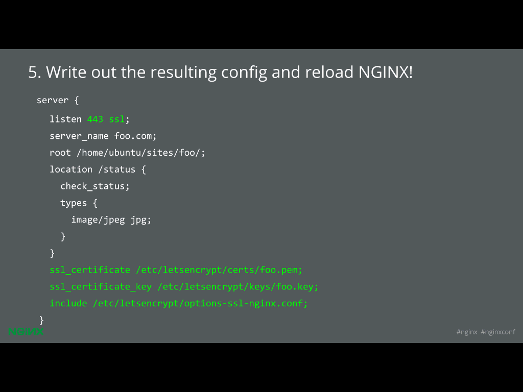 Next, Let's Encrypt dumps the whole thing back into your config file to achieve website security through HTTPS [presentation given by Yan Zhu and Peter Eckersley from the Electronic Frontier Foundation (EFF) at nginx.conf 2015]