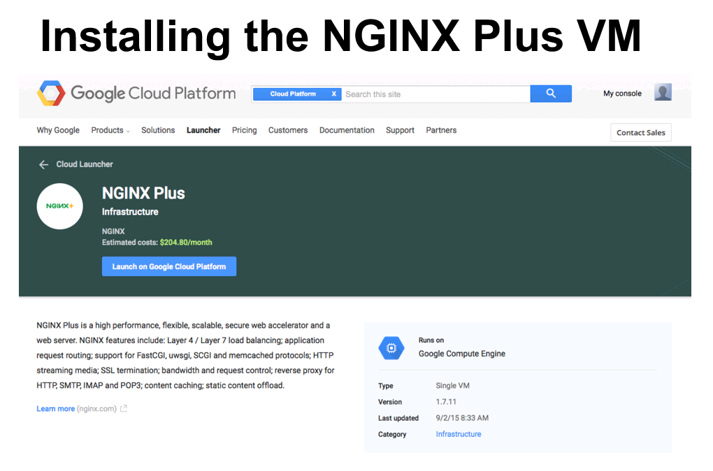 Screen shot of Cloud Launcher landing page for installing NGINX Plus on GCP [webinar titled 'Deploying NGINX Plus &a Kubernetes on Google Cloud Platform' includes information on how switching from a monolithic to microservices architecture can help with application delivery and continuous integration]