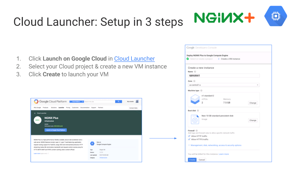 With Cloud Launcher, it's just three steps to set up NGINX Plus in a VM on Google Cloud Platform [webinar titled 'Deploying NGINX Plus & Kubernetes on Google Cloud Platform' includes information on how switching from a monolithic to microservices architecture can help with application delivery and continuous integration]