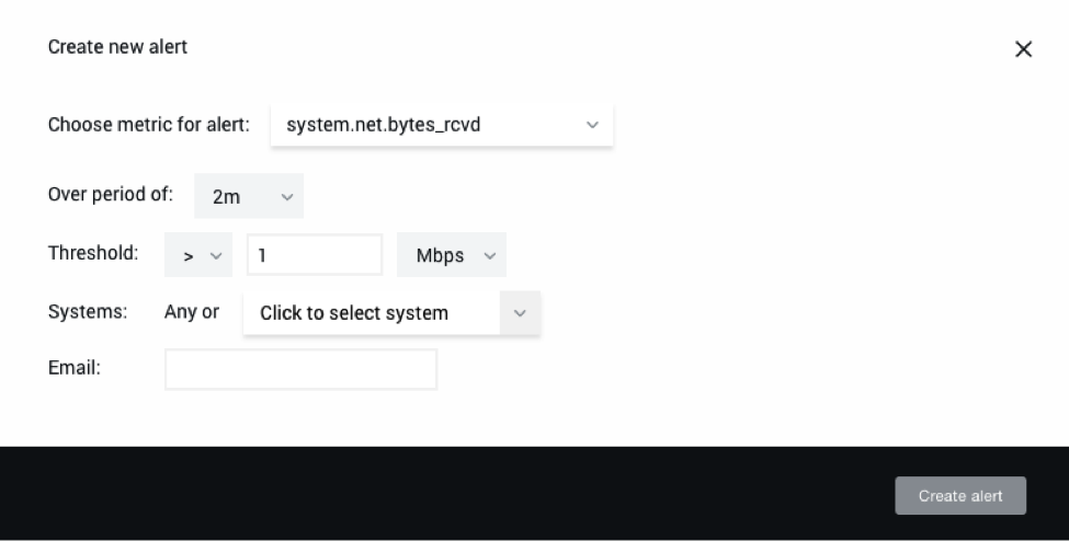 In the 'Create new alert' dialog in NGINX Amplify, you create a custom alert by defining the metric, time period, threshold, system name, and recipient of the alert email [how to monitor NGINX with NGINX Amplify]