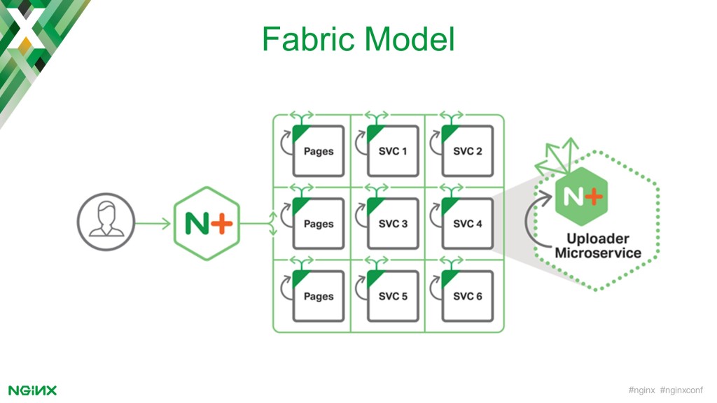 In the Fabric Model of the NGINX Microservices Reference Architecture, NGINX Plus runs in the container for every microservice