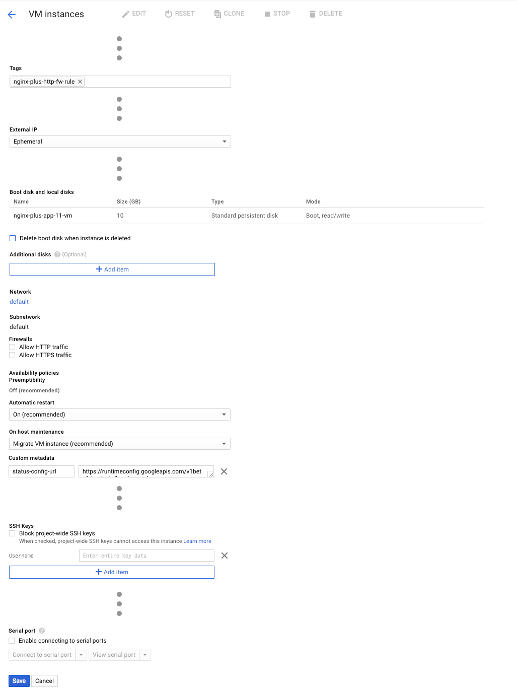 Screenshot showing the configuration modifications for a VM instance being deployed as part of setting up NGINX Plus as the Google load balancer.