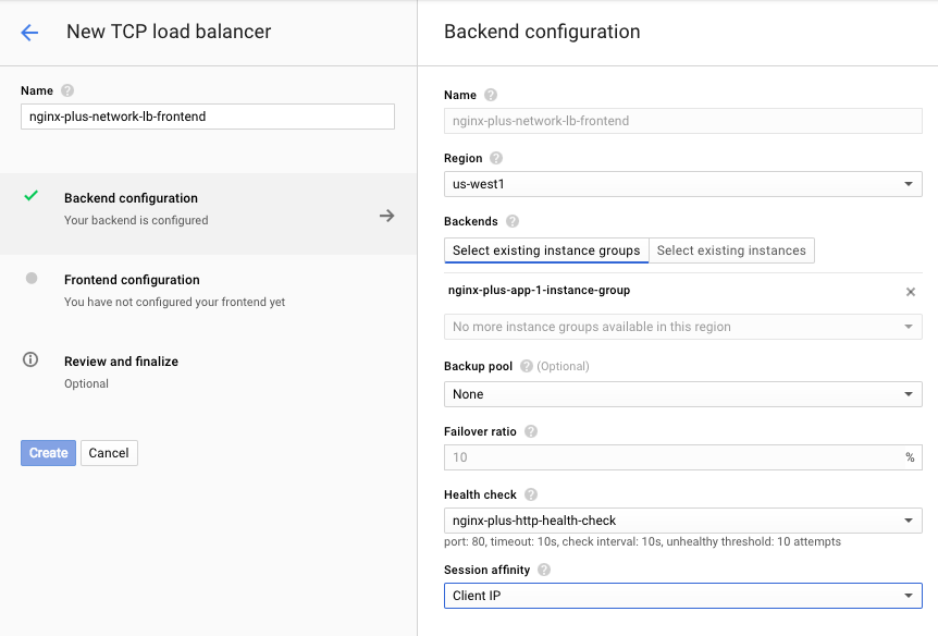 Screenshot of the interface for backend configuration of GCE network load balancer, used during deployment of NGINX Plus as the Google Cloud Platform load balancer.