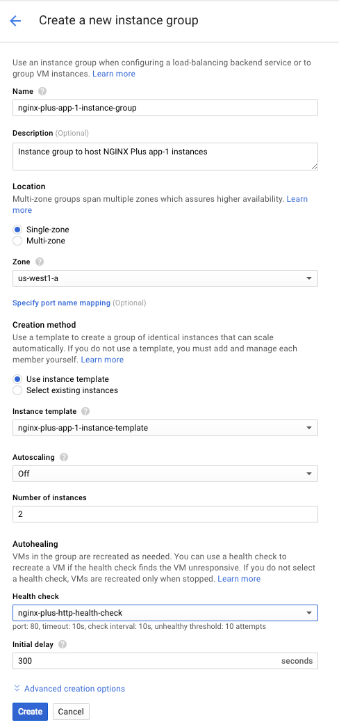 Screenshot of the interface for creating a Google Compute Engine (GCE) instance group, used during deployment of NGINX Plus as the load balancer for Google Cloud.