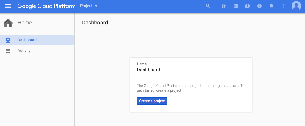 Screenshot of the Google Cloud Platform dashboard that appears when there are no existing projects (creating a project is the first step in configuring NGINX Plus as the Google Cloud load balancer)