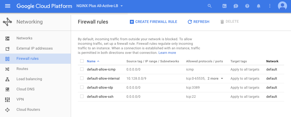 Screenshot of the Google Cloud Platform page for defining new firewall rules; when configuring NGINX Plus as the Google Cloud load balancer, we open ports 80, 443, and 8080 for it.