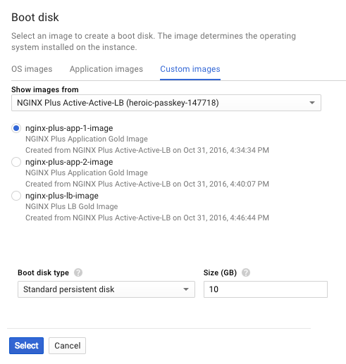 Screenshot of the 'Boot disk' page in Google Cloud Platform for selecting the source instance of a new instance template, part of deploying NGINX Plus as the Google load balancer.
