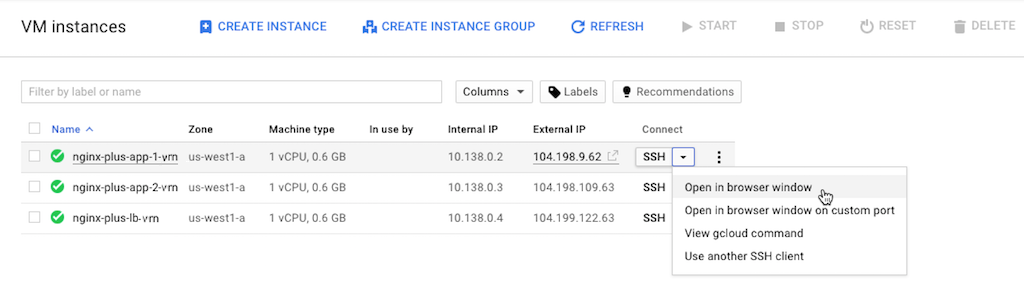 Screenshot showing how to connect via SSH to a VM instance, part of deploying NGINX Plus as the Google load balancer.