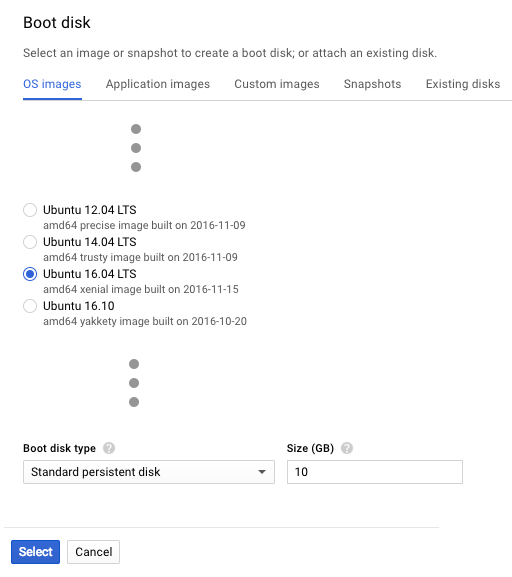 Screenshot of the 'Boot disk' page in Google Cloud Platform for selecting the OS on which a VM runs. In the deployment of NGINX Plus as the Google load balancer, we select Ubuntu 16.04 LTS.