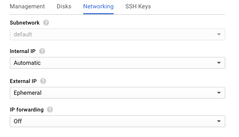Screenshot of the Networking subtab used during creation of a new VM instance, part of deploying NGINX Plus as the Google Cloud load balancer.