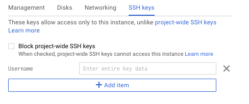 Screenshot of the SSH Keys subtab used during creation of a new VM instance, part of deploying NGINX Plus as the Google Cloud Platform load balancer.