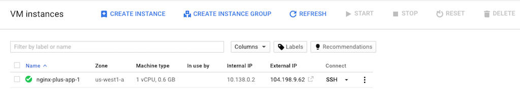 Screenshot of the summary page that verifies the creation of a new VM instance, part of deploying NGINX Plus as the load balancer for Google Cloud.