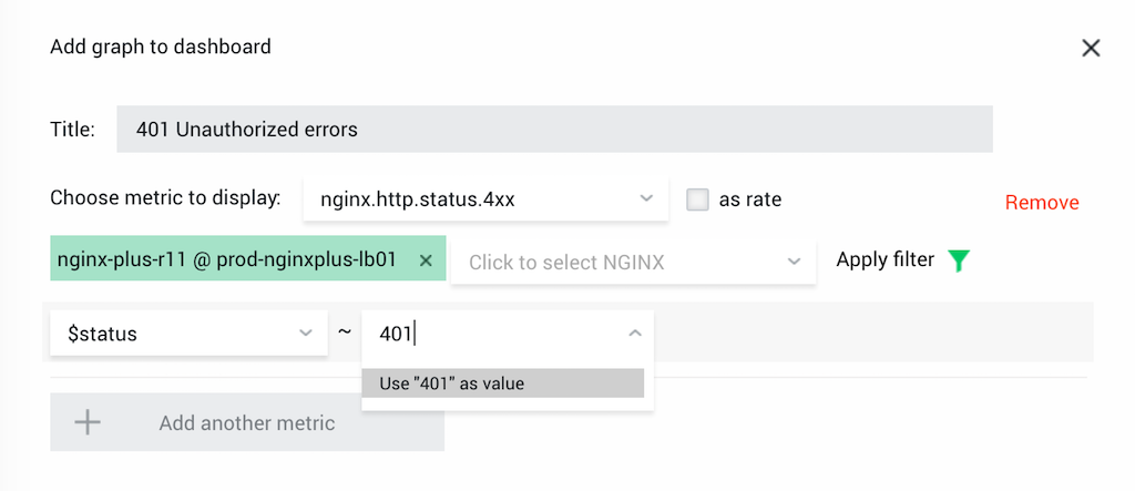 Screenshot showing how to improve NGINX performance with NGINX Amplify by creating a filter to track '401'; response error codes
