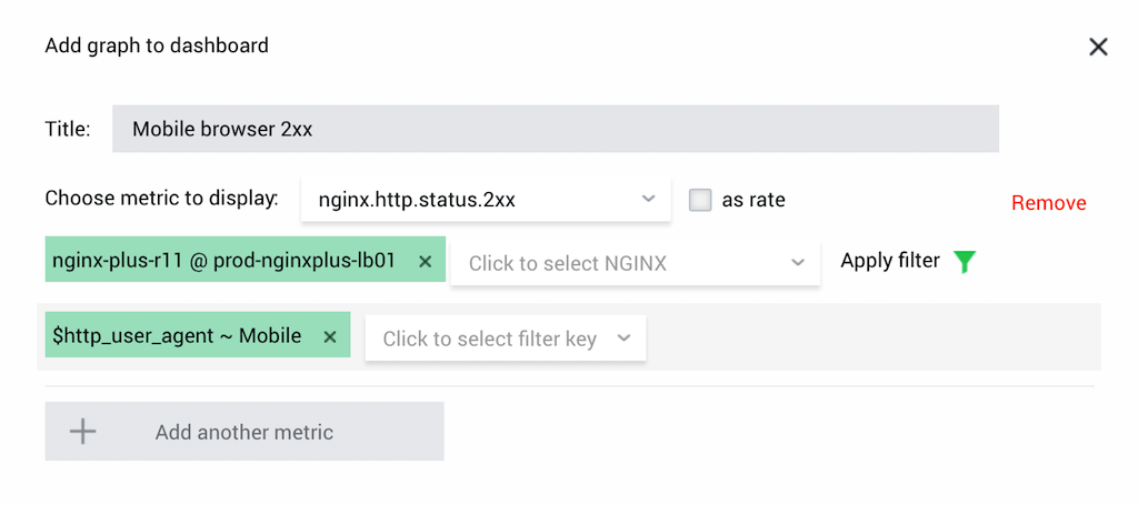 Screenshot showing how to monitor NGINX performance with NGINX Amplify by creating a filter to track '2xx' response error codes for mobile users