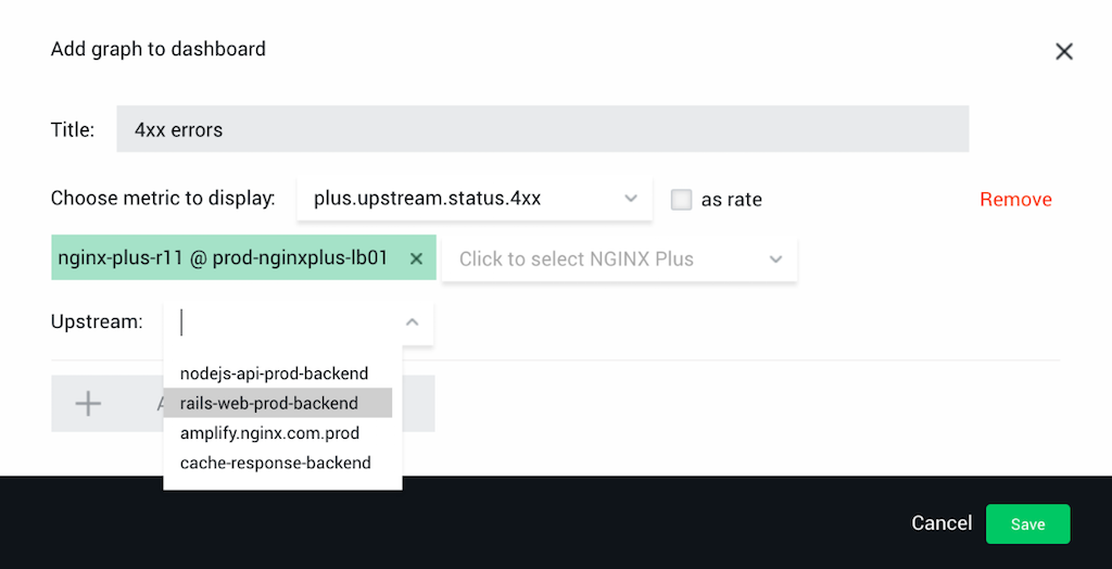 Screenshot showing how to monitor NGINX with NGINX Amplify by filtering the results for a metric based on an upstream zone defined in the NGINX configuration