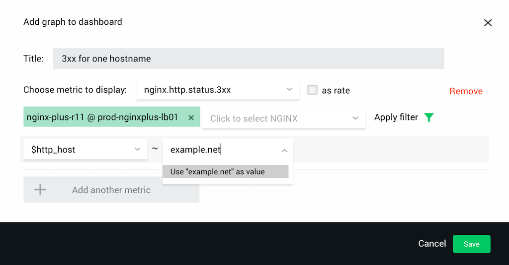 Screenshot showing how to monitor NGINX performance with NGINX Amplify by creating a filter to track '3xx' response error codes for a single hostname