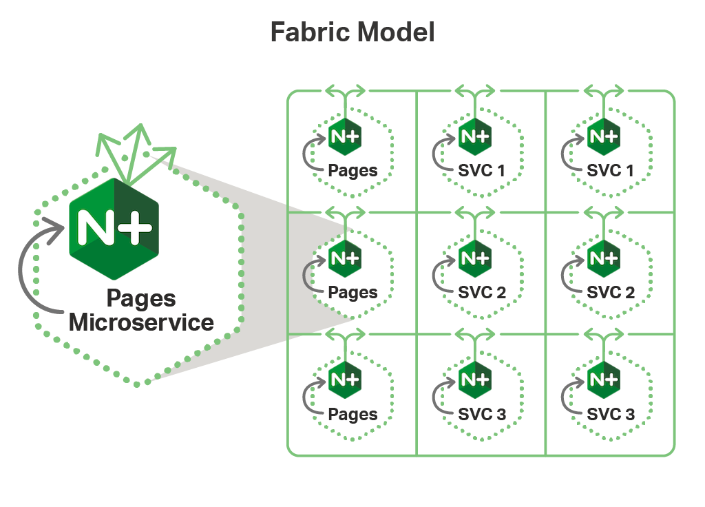 In the Fabric Model deployed on OpenShift, the microservices architecture pairs an NGINX Plus instance with each microservice.