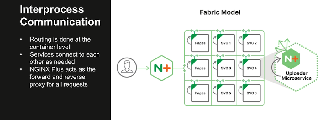 The Fabric Model of the NGINX Microservices Reference Architecture is a microservices architecture that provides routing, forward proxy, and reverse proxy at the container level and establishes persistent connections between services [webinar: Three Models in the NGINX Microservices Reference Architecture]