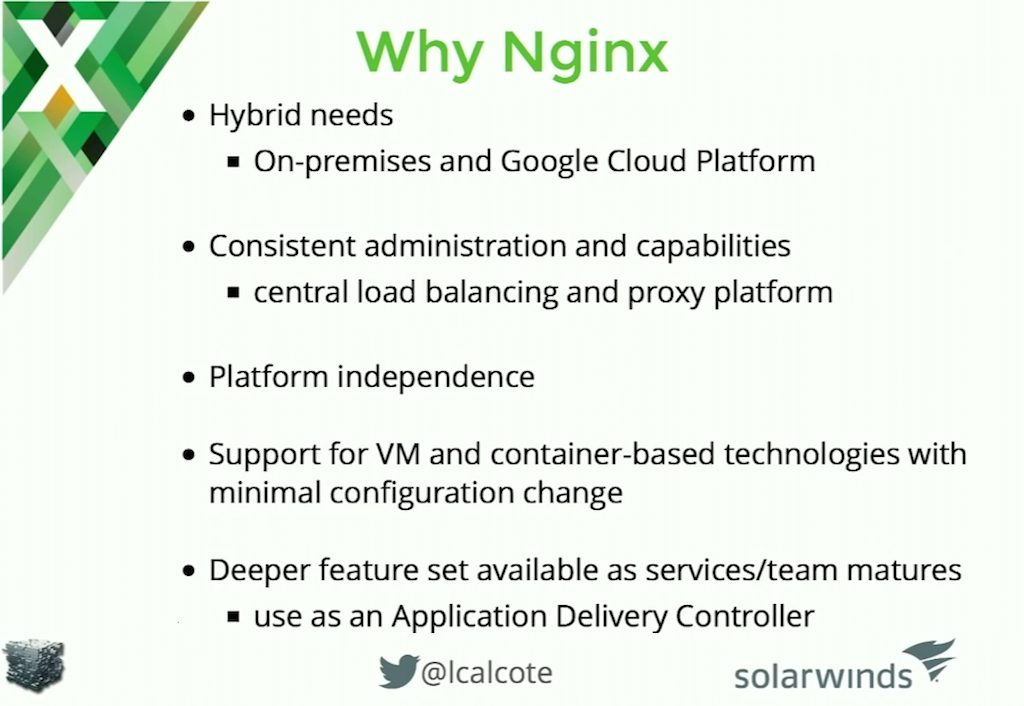 Reasons to choose NGINX for a microservices architecture include platform independence--it's both an on premises and cloud load balancer--with a consistent interface