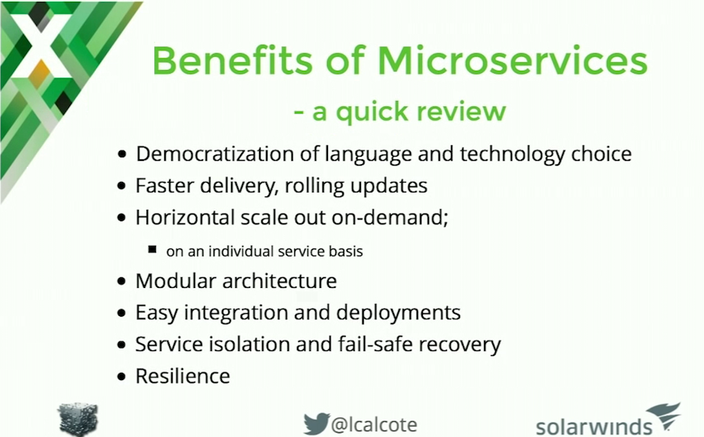 Benefits of a microservices architecture include free choice of programming language and storage technology for each microservice team, plus faster delivery, and easy of horizontal scaling