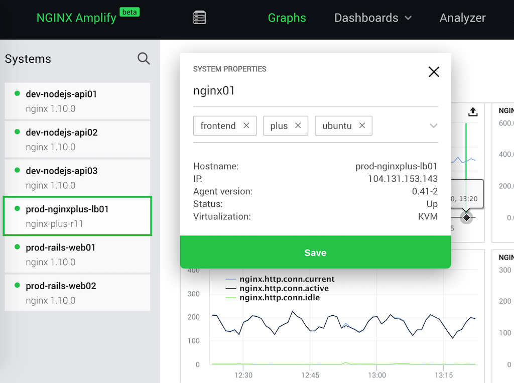 Screenshot of the SYSTEM PROPERTIES card for a monitored NGINX server in NGINX Amplify, showing its tags which can be used for filtering. A user-friendly alias has also be assigned to the server. NGINX Amplify is a tool for NGINX server monitoring and application monitoring.