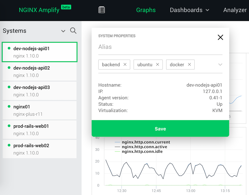 Screenshot of the SYSTEM PROPERTIES card for a monitored NGINX server in NGINX Amplify, showing its tags which can be used for filtering. NGINX Amplify is a tool for NGINX server monitoring and application monitoring.