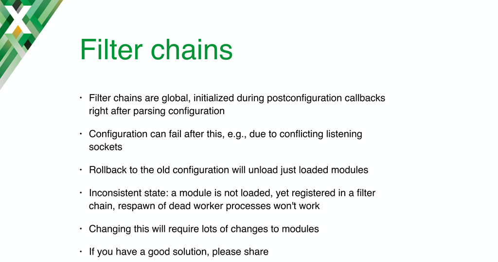 A final challenge to implementing NGINX dynamic modules is to figure out how to handle filter chains, especially when a worker process terminates