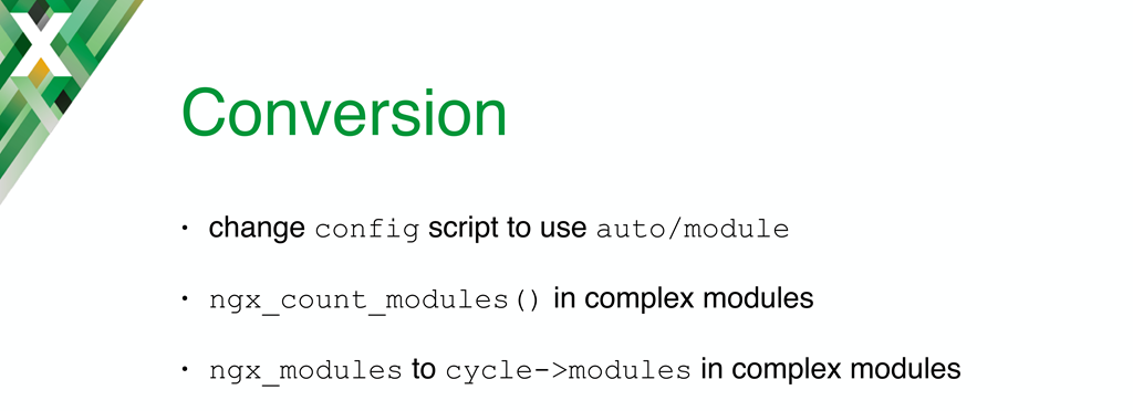 To convert a module from static compilation to dynamic loading, you need to rewrite the configuration script to use the 'auto/module' script; additional steps are necessary for more complex modules