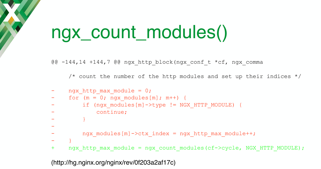 For some NGINX dynamic modules, to convert from static compilation you need to replace the existing loop function with ngx_count_modules()