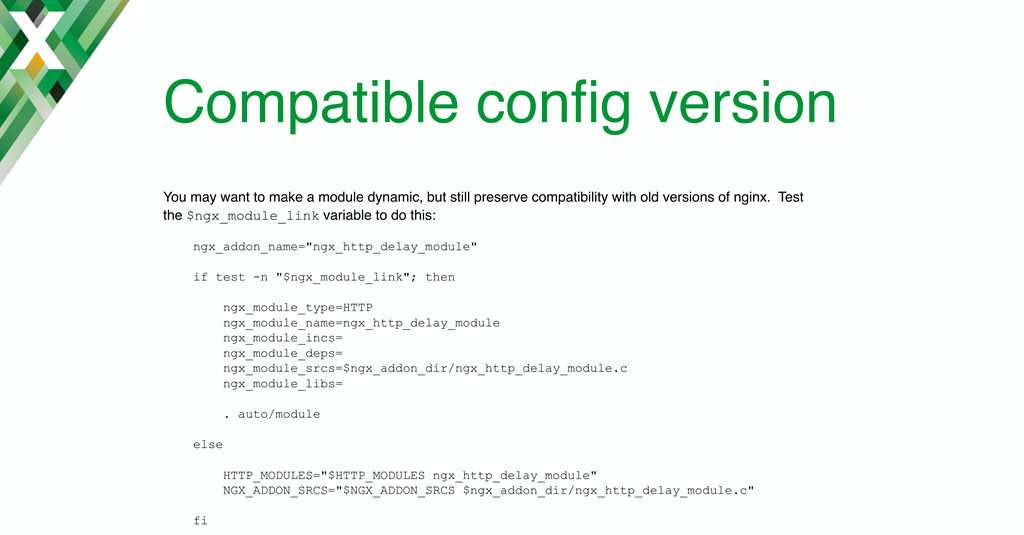 The ngx_module_link variable in the 'auto/module' script for loading NGINX dynamic modules enables compatibility between NGINX versions